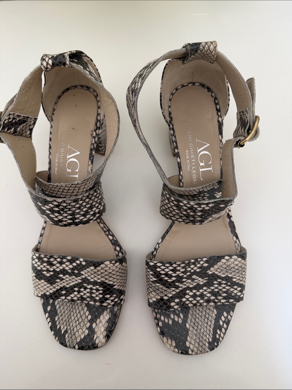 AGL Python-Print Ankle Strap Heels in Black and Cream